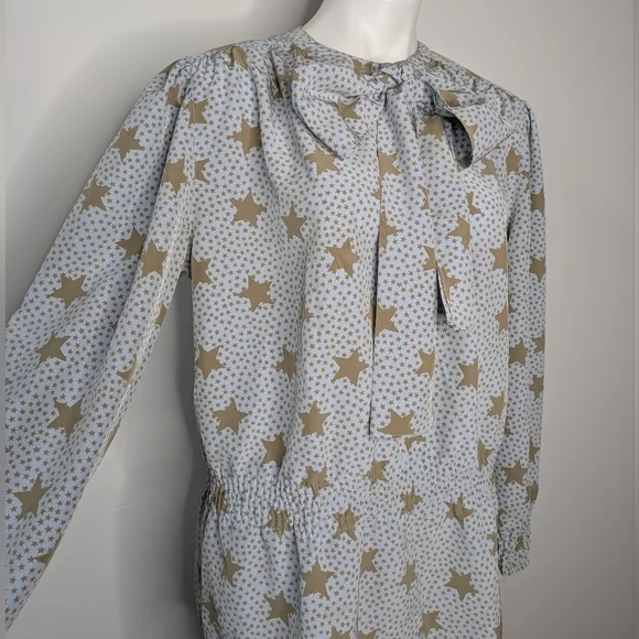 Vintage Louis Feraud Blue Tan Star Tie Neck Long Sleeve Blouse 10 - Picture 3 of 10
